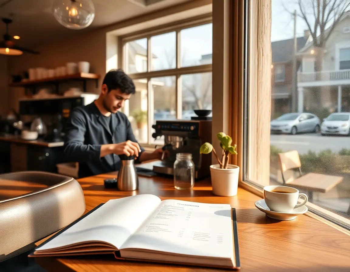 Warm café interior with a reservations notebook and barista