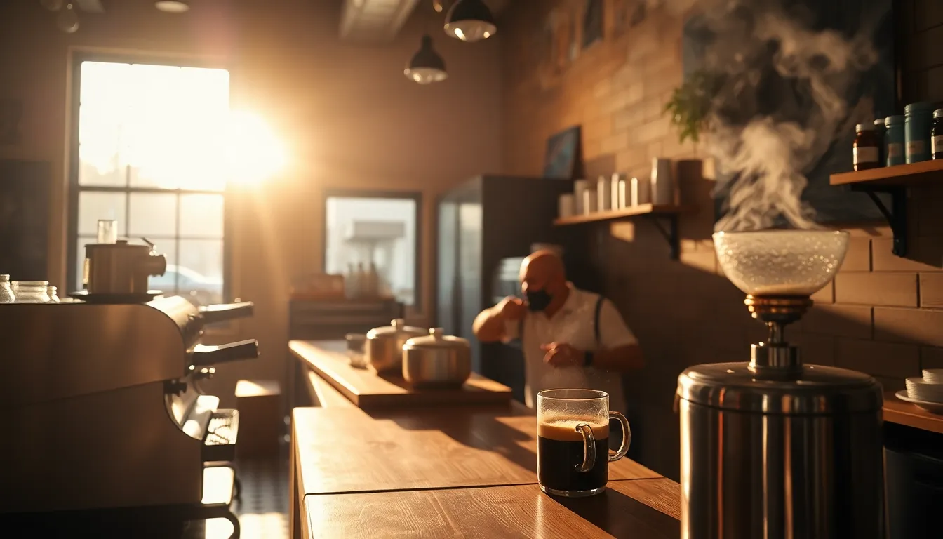 Warm cinematic café interior with morning light, hand-poured coffee, wooden textures, and a calm neighborhood atmosphere