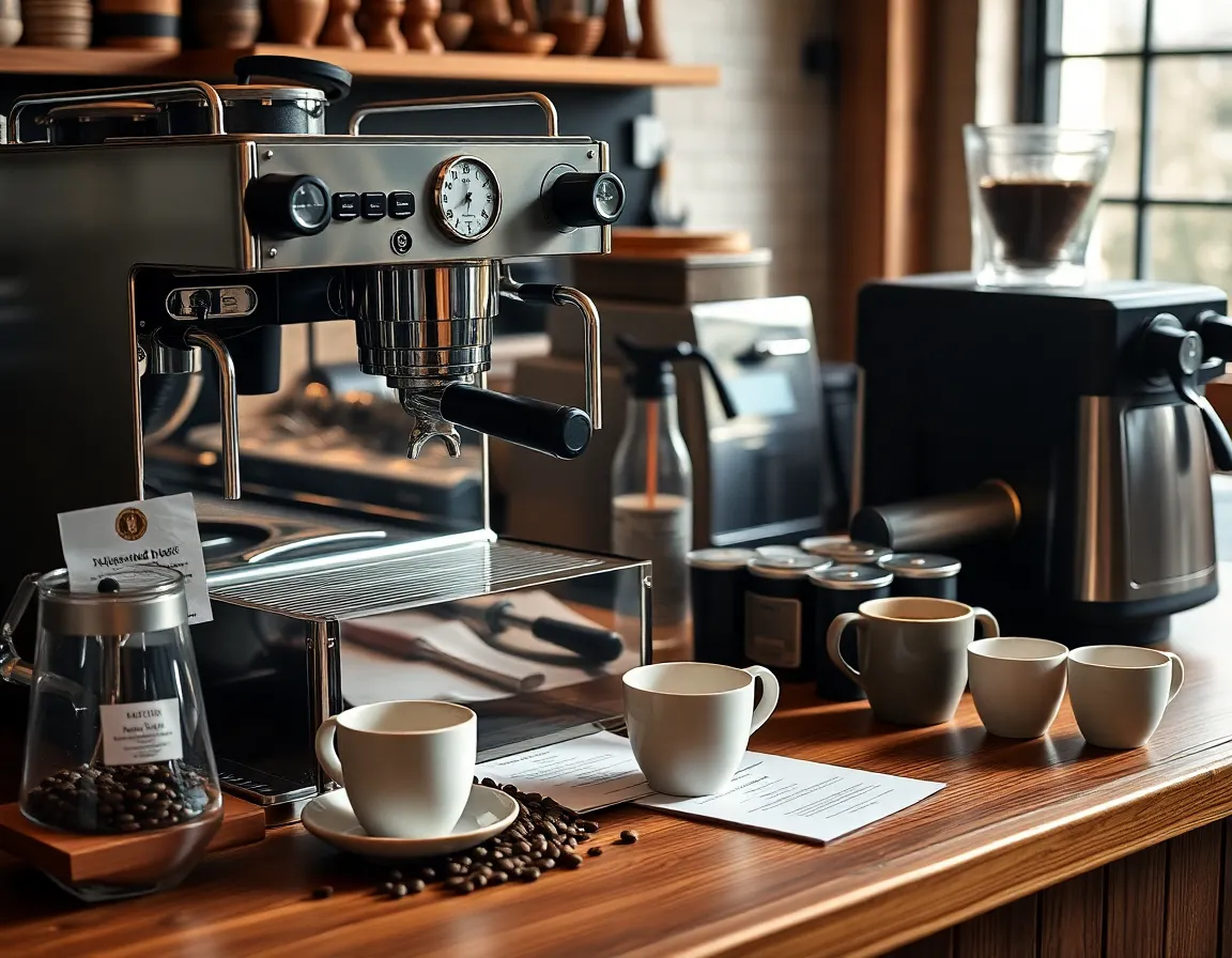 Barista workspace with espresso machine, roasted beans, notebooks, and warm wood details