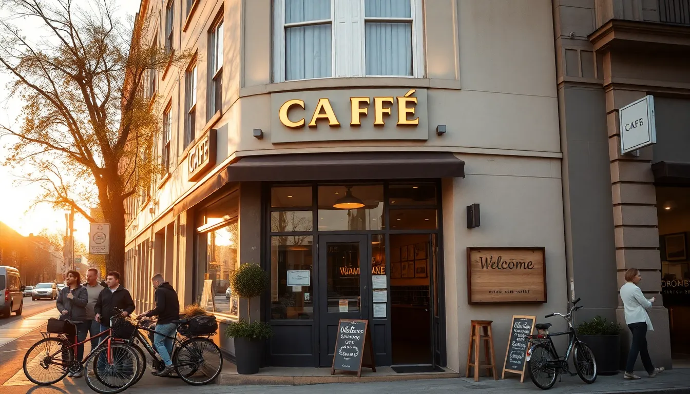 Street-level café exterior with warm signage, bike parking, and a welcoming corner entrance in a vibrant urban neighborhood